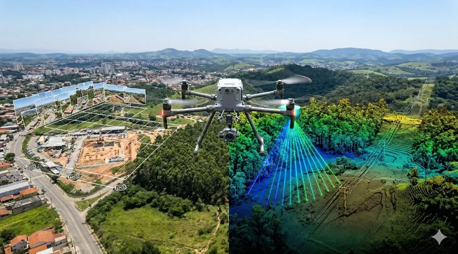 Drone sobre uma paisagem com representações de aquisição fotogramétrica e levantamento LiDAR, ilustrando o mapeamento e o processamento de dados.